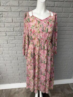 GELI Women’s Pink Floral Pullover Cold Shoulder Dress Size 8